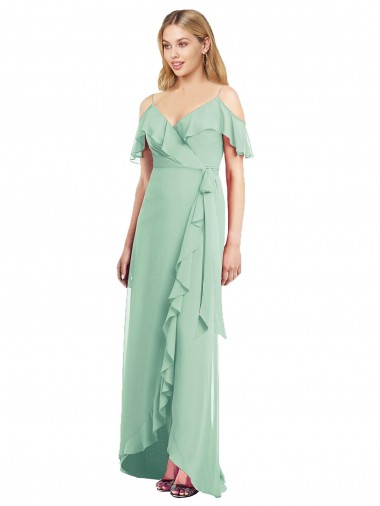 Soft Chiffon Spaghetti Straps Cold Shoulder Long High Low Bridesmaid Dress Kent