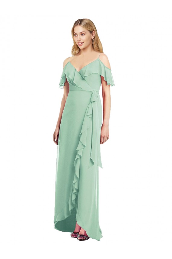 Soft Chiffon Spaghetti Straps Cold Shoulder Long High Low Bridesmaid Dress Kent