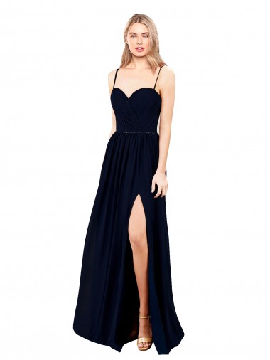 Soft Chiffon Spaghetti Straps Sleeveless Dark Navy Long Formal Evening Gown / Bridesmaid Dress Kent