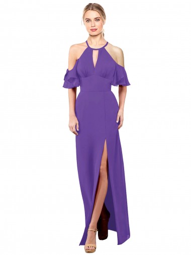 Soft Chiffon Halter Neck Ruffle Sleeves Open Back Long Bridesmaid Dress Kent