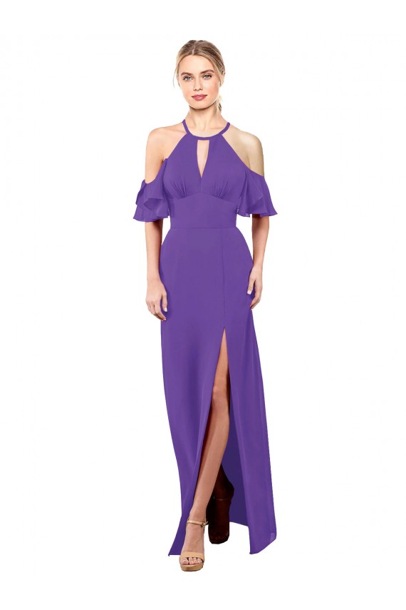 Soft Chiffon Halter Neck Ruffle Sleeves Open Back Long Bridesmaid Dress Kent