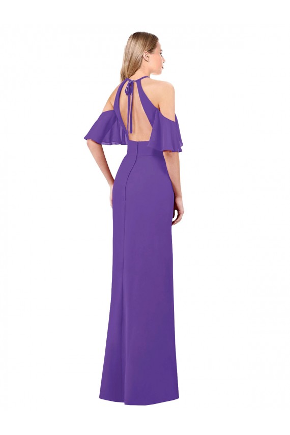 Soft Chiffon Halter Neck Ruffle Sleeves Open Back Long Bridesmaid Dress Kent