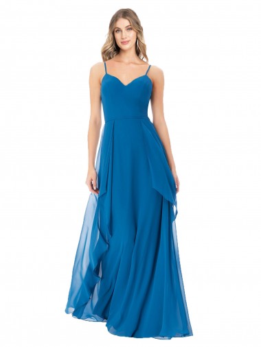 Soft Chiffon Spaghetti Straps Sleeveless Peacock Blue Long Bridesmaid Dress Kent