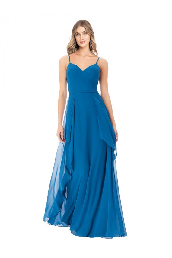 Soft Chiffon Spaghetti Straps Sleeveless Peacock Blue Long Bridesmaid Dress Kent
