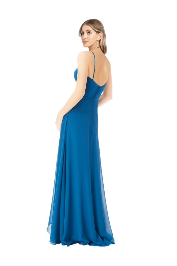 Soft Chiffon Spaghetti Straps Sleeveless Peacock Blue Long Bridesmaid Dress Kent
