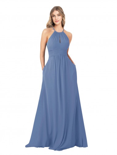 Soft Chiffon High Neck Sleeveless Keyhole Back Windsor Blue Long Bridesmaid Dress Kent