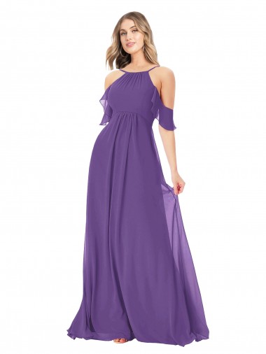 Soft Chiffon Off the Shoulder Cold Shoulder Plum Purple Long Bridesmaid Dress Kent
