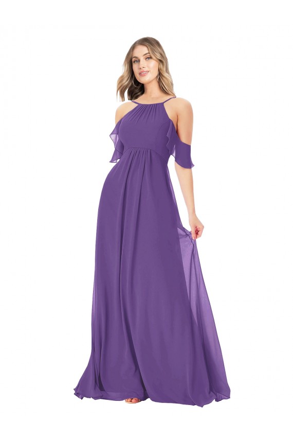 Soft Chiffon Off the Shoulder Cold Shoulder Plum Purple Long Bridesmaid Dress Kent