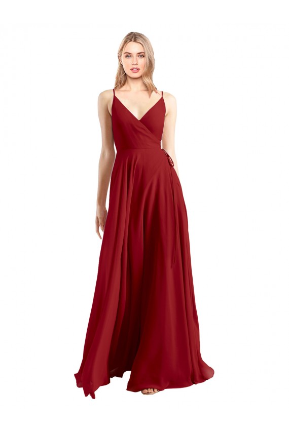 Luxe Chiffon Spaghetti Straps Sleeveless V-Back Red Long Bridesmaid Dress Kent