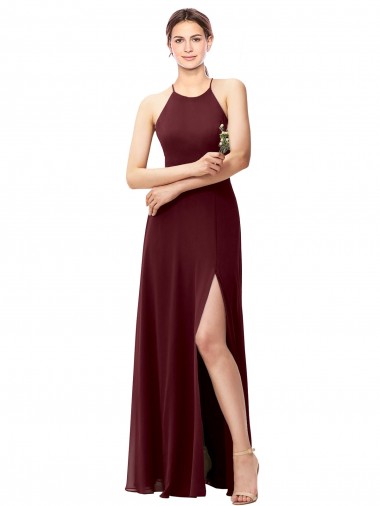 Soft Chiffon Halter Neck Sleeveless Open Back Burgundy Gold Long Bridesmaid Dress Kent