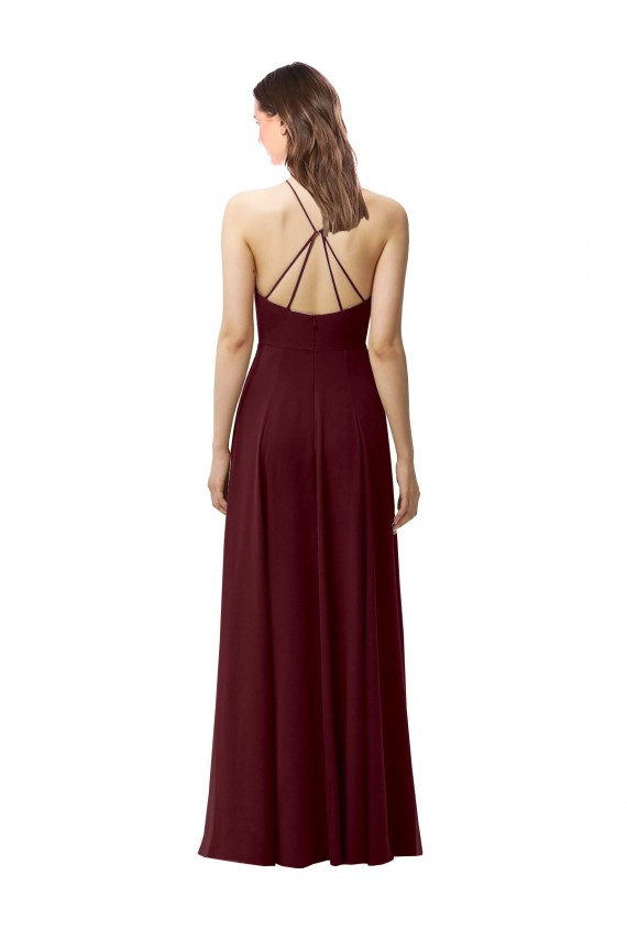Soft Chiffon Halter Neck Sleeveless Open Back Burgundy Gold Long Bridesmaid Dress Kent