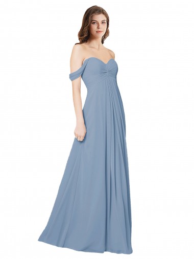 Chiffon Sweetheart Sleeveless Low Back Dusty Blue Long Wedding Party Dress Kent