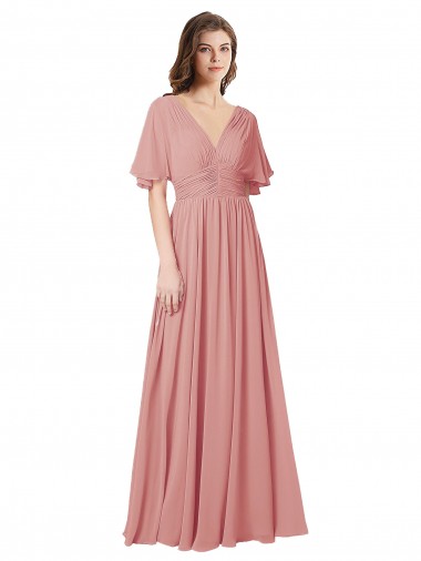 Soft Chiffon V-Neck Flutter Sleeves V-Back Bliss Pink Long Bridesmaid Dress Kent