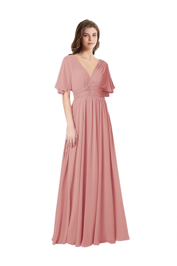 Soft Chiffon V-Neck Flutter Sleeves V-Back Bliss Pink Long Bridesmaid Dress Kent