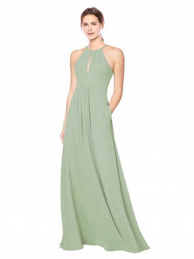 Soft Chiffon Halter Neck Sleeveless Keyhole Back Smoke Green Long Bridesmaid Dress Kent