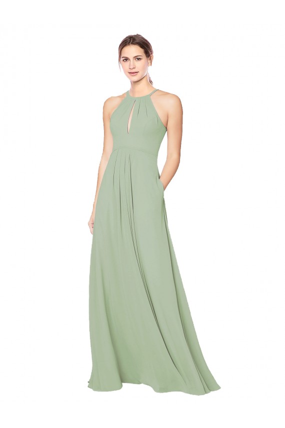 Soft Chiffon Halter Neck Sleeveless Keyhole Back Smoke Green Long Bridesmaid Dress Kent