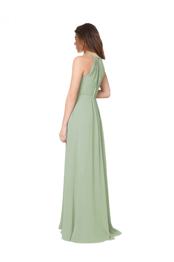 Soft Chiffon Halter Neck Sleeveless Keyhole Back Smoke Green Long Bridesmaid Dress Kent