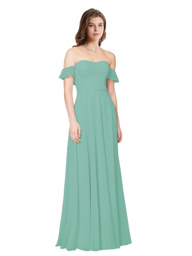 Soft Chiffon Off the Shoulder Flounce Sleeves Open Back Long Bridesmaid Dress Kent