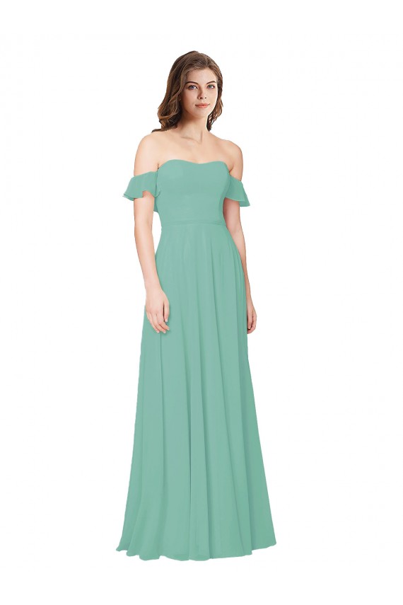 Soft Chiffon Off the Shoulder Flounce Sleeves Open Back Long Bridesmaid Dress Kent