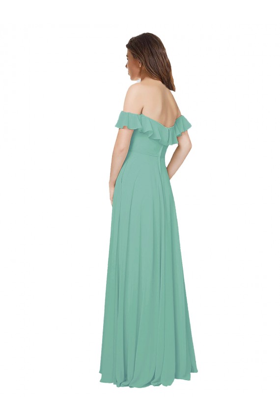 Soft Chiffon Off the Shoulder Flounce Sleeves Open Back Long Bridesmaid Dress Kent