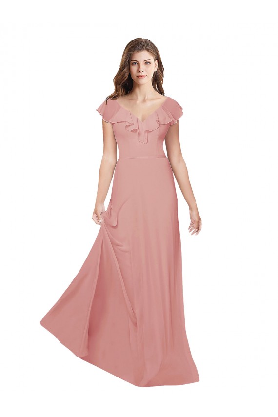 Chiffon V-Neck Flutter Sleeves Open Back Long Bridesmaid Dress / Evening Dress Kent