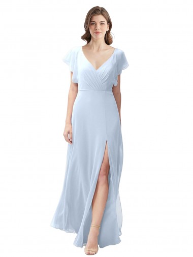 Soft Chiffon V-Neck Flutter Sleeves Open Back Long Bridesmaid Dress / Formal Dress Kent