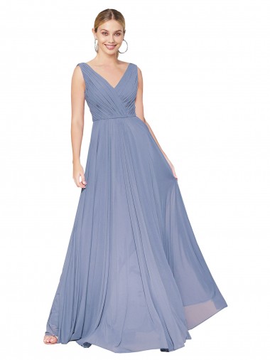 Soft Chiffon V-Neck Sleeveless V-Back Dusty Blue Long Formal Evening Gown / Prom Dress / Bridesmaid Dress Kent