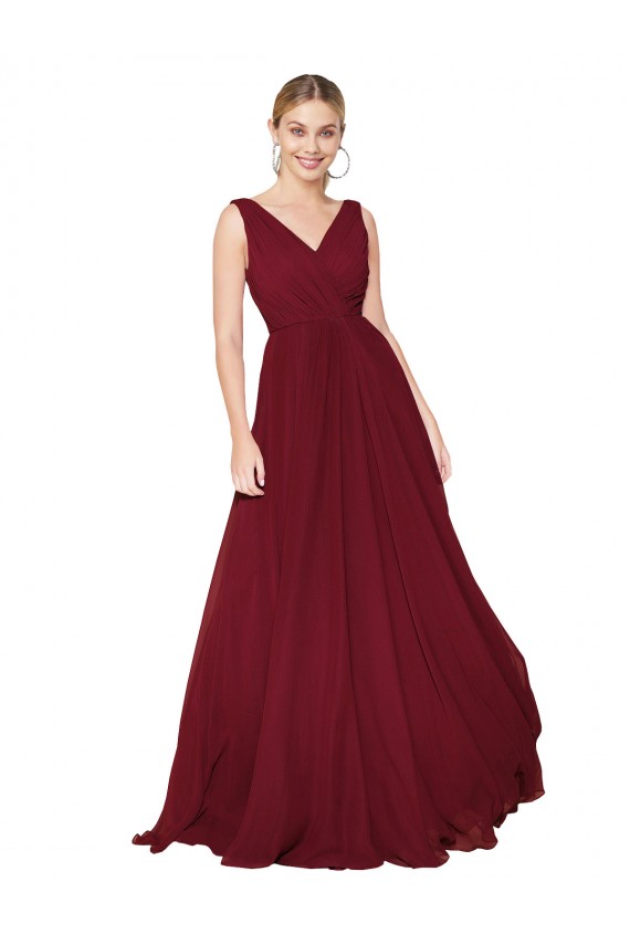 Soft Chiffon V-Neck Sleeveless V-Back Burgundy Long Formal Dress / Bridesmaid Dress Kent