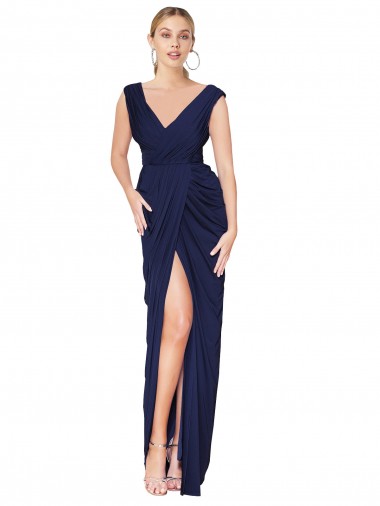 Soft Chiffon V-Neck Sleeveless V-Back Dark Navy Long Formal Evening Gown / Prom Dress / Bridesmaid Dress Kent