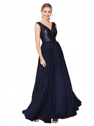 Soft Chiffon & Sequin V-Neck Sleeveless V-Back Long Semi Formal Evening Gown / Prom Dress / Bridesmaid Dress Kent