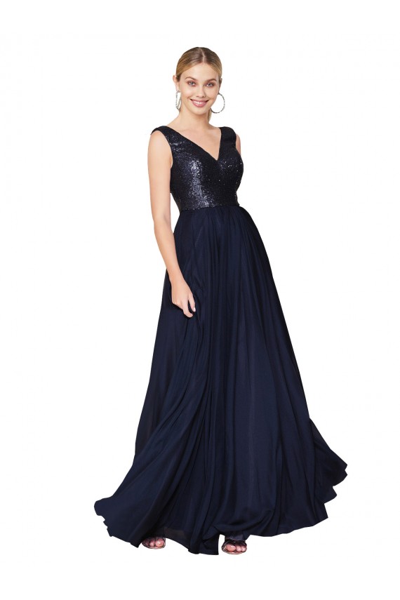 Soft Chiffon & Sequin V-Neck Sleeveless V-Back Long Semi Formal Evening Gown / Prom Dress / Bridesmaid Dress Kent