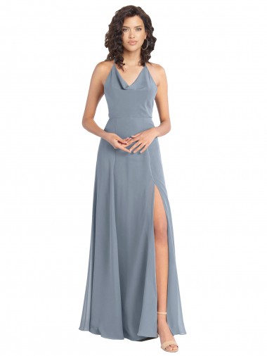 Soft Chiffon Halter Neck Sleeveless V-Back Dusty Blue Long Bridesmaid Dress Kent