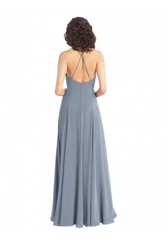 Soft Chiffon Halter Neck Sleeveless V-Back Dusty Blue Long Bridesmaid Dress Kent
