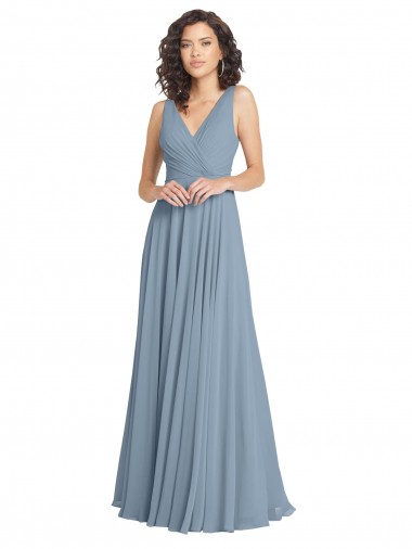 Soft Chiffon V-Neck Sleeveless V-Back Dusty Blue Long Bridesmaid Dress Kent