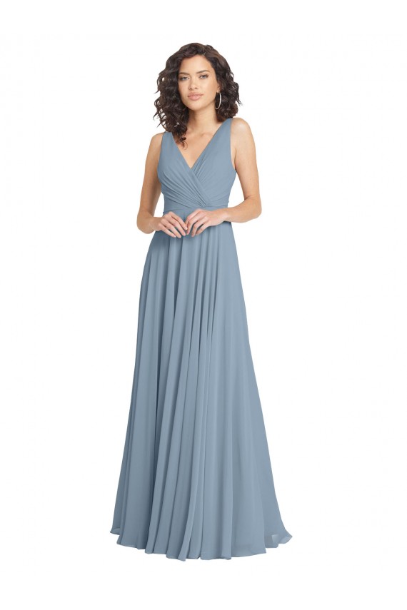 Soft Chiffon V-Neck Sleeveless V-Back Dusty Blue Long Bridesmaid Dress Kent