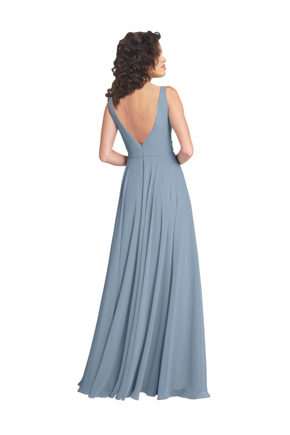 Soft Chiffon V-Neck Sleeveless V-Back Dusty Blue Long Bridesmaid Dress Kent