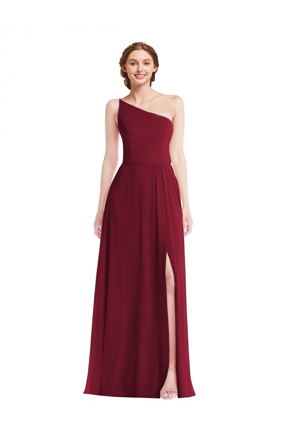 Soft Chiffon One Shoulder Sleeveless Burgundy Long Semi Formal Evening Dress / Bridesmaid Dress Kent