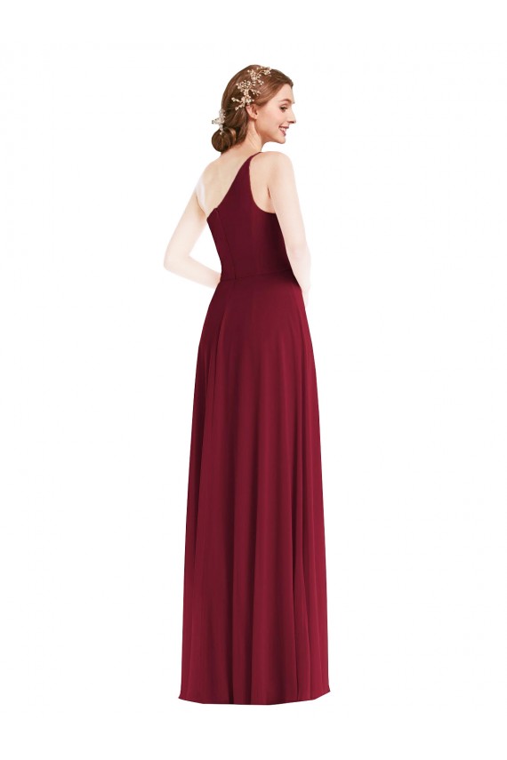 Soft Chiffon One Shoulder Sleeveless Burgundy Long Semi Formal Evening Dress / Bridesmaid Dress Kent