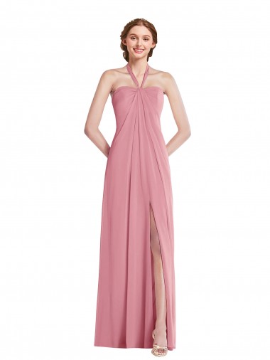 Soft Chiffon Halter Neck Sleeveless Open Back Skin Pink Long Semi Formal Evening Dress / Bridesmaid Dress Kent