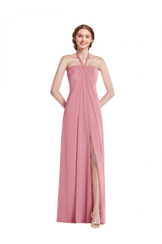 Soft Chiffon Halter Neck Sleeveless Open Back Skin Pink Long Semi Formal Evening Dress / Bridesmaid Dress Kent