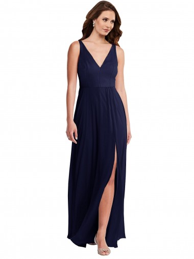 Soft Chiffon V-Neck Sleeveless V-Back Dark Navy Long Black Tie Evening Gown / Bridesmaid Dress Kent