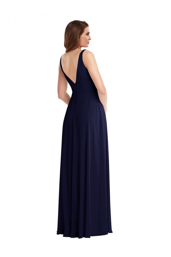 Soft Chiffon V-Neck Sleeveless V-Back Dark Navy Long Black Tie Evening Gown / Bridesmaid Dress Kent