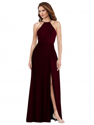 Soft Chiffon Spaghetti Straps Sleeveless Low Back Burgundy Gold Long Semi Formal Evening Dress / Bridesmaid Dress Kent