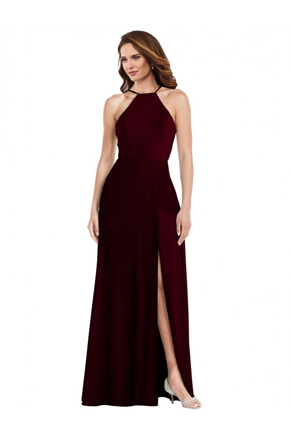 Soft Chiffon Spaghetti Straps Sleeveless Low Back Burgundy Gold Long Semi Formal Evening Dress / Bridesmaid Dress Kent