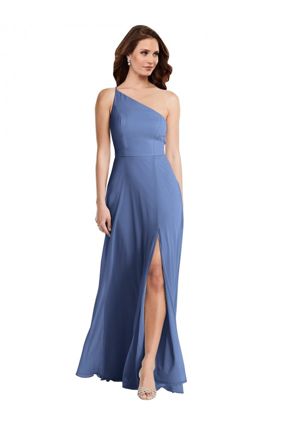 Soft Chiffon One Shoulder Sleeveless Windsor Blue Long Formal Evening Gown / Bridesmaid Dress Kent