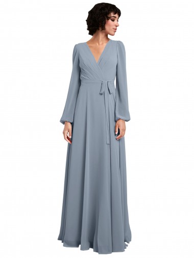 Soft Chiffon V-Neck Long Sleeves Long Bridesmaid Dress / Formal Dress Kent