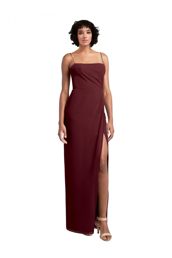 Soft Chiffon Spaghetti Straps Sleeveless Low Back Burgundy Gold Long Evening Dress / Bridesmaid Dress Kent