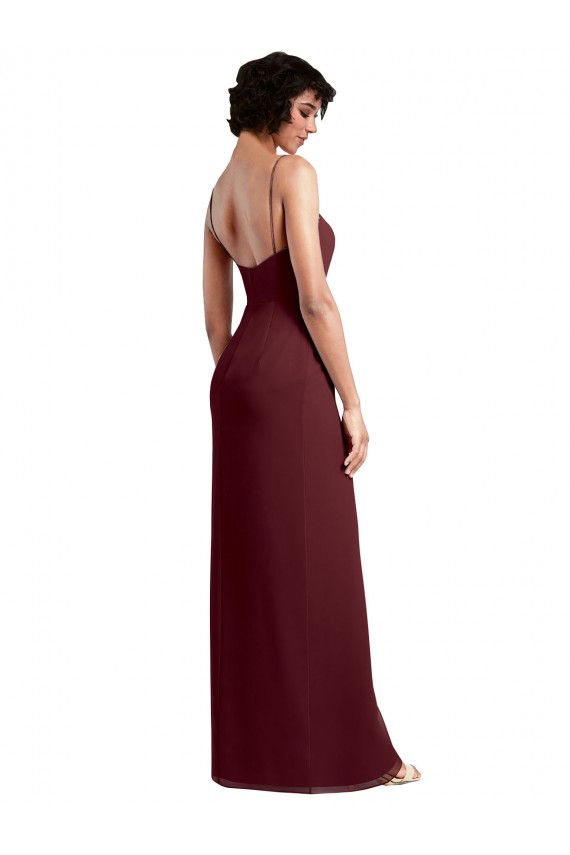 Soft Chiffon Spaghetti Straps Sleeveless Low Back Burgundy Gold Long Evening Dress / Bridesmaid Dress Kent