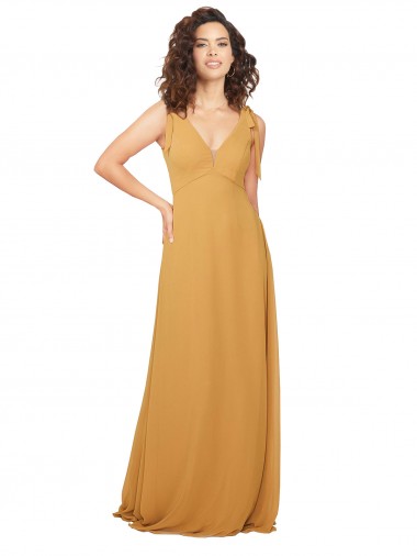 Soft Chiffon V-Neck Sleeveless Keyhole Back Saffron Long Bridesmaid Dress Kent