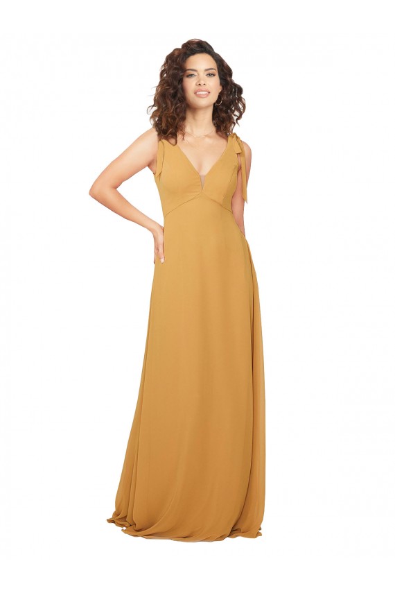 Soft Chiffon V-Neck Sleeveless Keyhole Back Saffron Long Bridesmaid Dress Kent